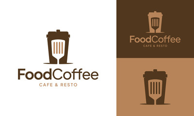 Spatula with Coffee Paper Cup Logo Design Template. Suitable for Restaurant, Breakfast, Coffee Shop, Cafe, Cafeteria, Eatery, Bistro, Bar, Coffeehouse, Barista, Food and Beverage, Bakery, Pastry, etc