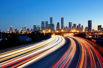 Fototapeta premium A city skyline at night with light trails of cars moving on the highway