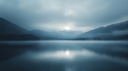 A serene lakeside scene with fog rolling across the still water, reflecting the faint light of a hidden sun, AI Generative.