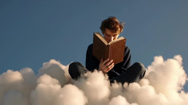 Young man reading while sitting on a cloud in the sky