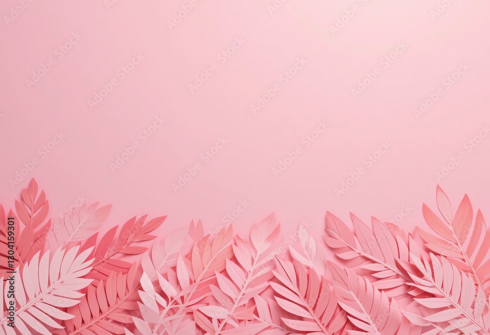 Poster pink paper leaves arrangement. a delicate composition of artistic paper craft. soft light accentuate