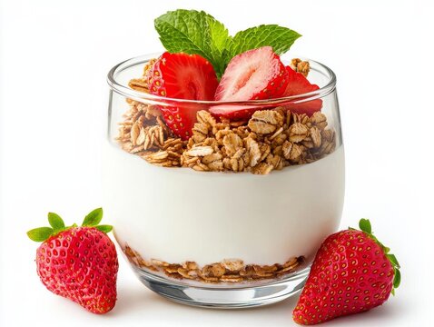 Delicious yogurt parfait topped with fresh strawberries and granola in a glass. - Powered by Adobe