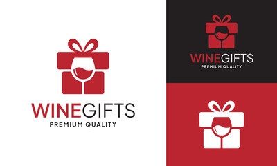 Gift box with Wine Glass Logo Design Template. Perfect for Wine Gift Shops, Souvenir Boxes, Hampers, Party and Birthday Celebration Gifts, or Corporate Gifting Business. Logo in Simple Modern Style