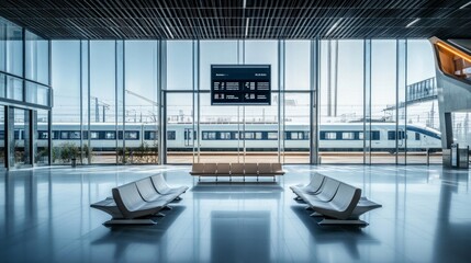 Fototapeta premium An ultra-modern waiting area with modular seating, interactive glass panels displaying real-time train schedules, AI Generative.