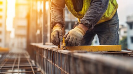 Construction worker using level and square to precisely measure and align metal framework during building construction.