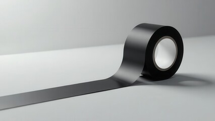 A roll of black adhesive tape unrolling on a neutral background, showcasing its smooth surface and matte finish