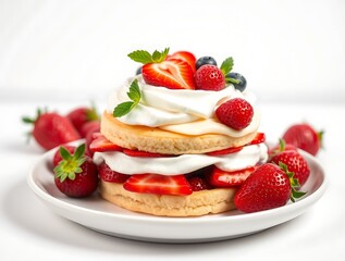Layered Strawberry Shortcake Adorned with Whipped Cream and Fresh Berries, Beautifully Styled for a Fresh and Indulgent Dessert Experience - dessert stock-image