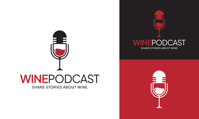 Wine Podcast Logo Design Template. The logo is a combination of Microphone and Wine Glass. Suitable for Wine Related Podcast, Talk Show, Night Club, Live Music, Radio, Karaoke, Recording Studio, etc