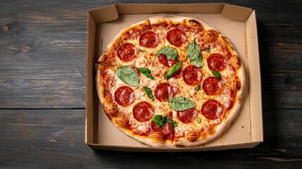 Delicious pepperoni pizza topped with fresh basil in a takeout box on wooden table.