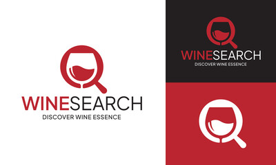 Wine Search Logo Design Template. The logo is a combination of Magnifying Glass and WineGlass. Suitable for Wine Search and Discovery Platform, Wine Review and Rating, Wine Research and Analysis, etc