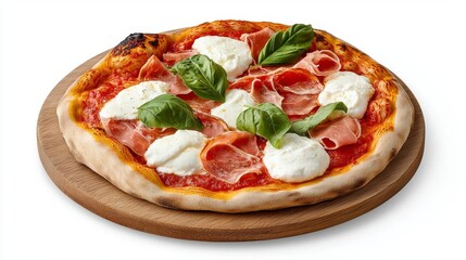 Delicious freshly baked pizza topped with mozzarella, basil, and cured meat.