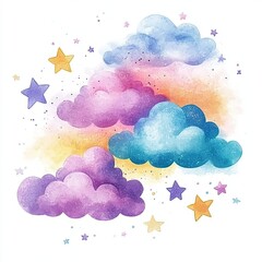 Vibrant Holographic Rainbow Clouds and Stars Watercolor Design for Print and Web