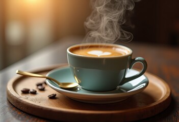 Steaming cappuccino in a blue cup with saucer