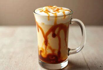 Iced caramel macchiato with whipped cream and drizzle