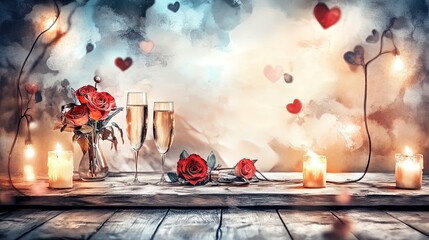 elegant valentine's dinner setup: romantic candles, red roses, and champagne - perfect for a cozy celebration poster in your home or restaurant!