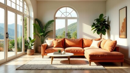 Sunlit Living Room with Orange Sectional Sofa and Lush Greenery