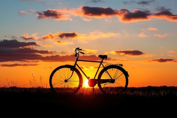 Fototapeta premium Silhouette Of Old Bicycle On Grass With The Sky Sunset Generative AI