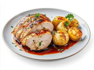 Deliciously roasted chicken served with golden potatoes and rich sauce.