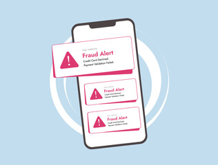 Mobile fraud alert with online shopping scam, fraudulent card payment, and hacker activity. Credit card declined notification warns users of security risks, fraud detection and identity theft threats