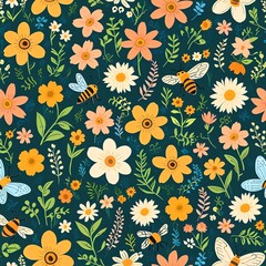 Vibrant Floral Meadow with Busy Bees: A Delightful Springtime Pattern