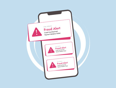 Mobile fraud alert with online shopping scam, fraudulent card payment, and hacker activity. Credit card declined notification warns users of security risks, fraud detection and identity theft threats