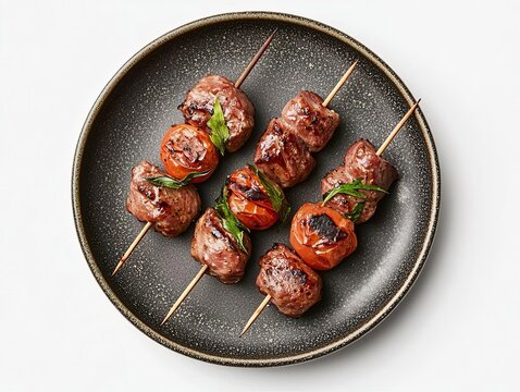 Delicious grilled skewers with meat and vegetables on a stylish plate.