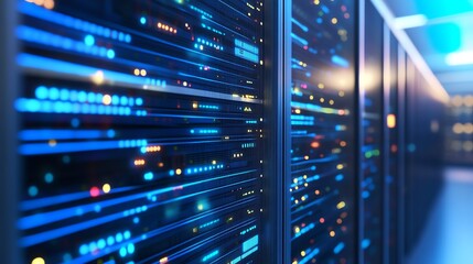 Naklejka premium A detailed view of a modern data center showcasing servers, racks, and advanced tech. Perfect for IT, cloud computing, and digital transformation visuals