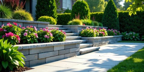 Fototapeta premium Serene Residential Landscaping Featuring Stonework and Vibrant Pink Flowers Planted in Neat Rows Along a Gently Sloping Pathway