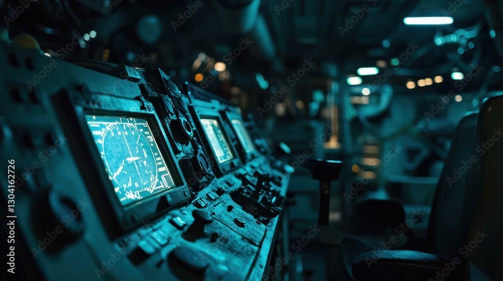 Poster control panel with monitors in dark room.