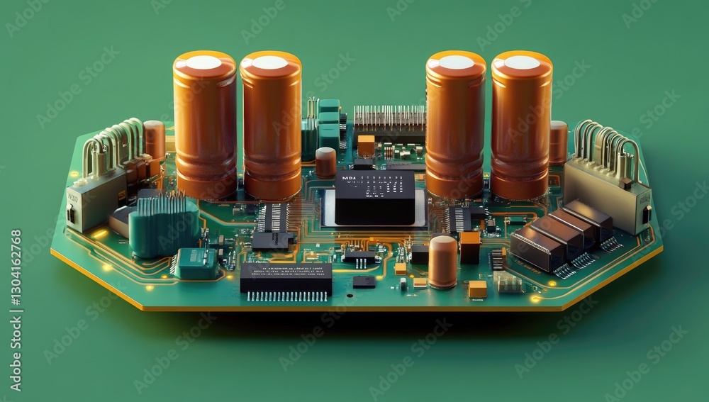 Poster circuit board with capacitors on green background