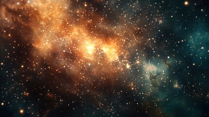 Obraz premium Cosmic nebula with vibrant orange and blue hues, showcasing a celestial landscape of stars and gas clouds.