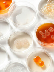 Petri dishes with colorful bacterial cultures on white background