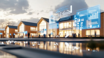 Obraz premium Smart buildings with digital interfaces and people interacting