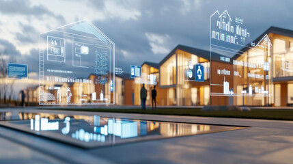 Obraz premium futuristic architectural scene showcasing digital interfaces and holograms in residential setting, highlighting smart home technology and modern design