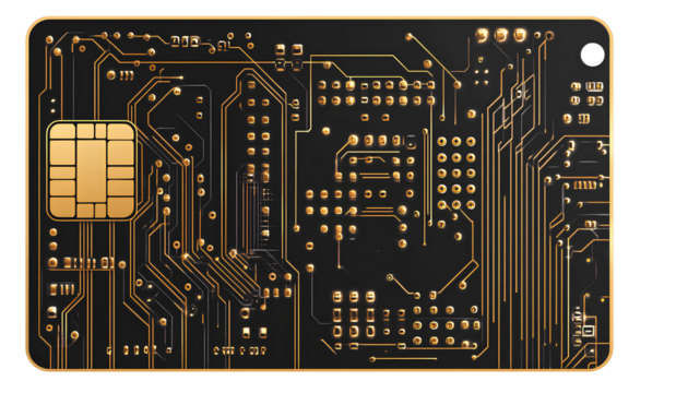 A black credit card with gold circuit lines, transparent background