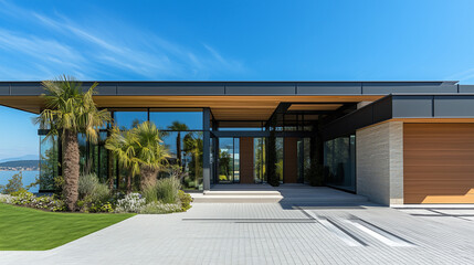 Luxurious modern home entrance blending elegance with nature, showcasing timeless architectural beauty.