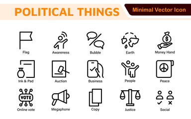 Politics Icon Set: A comprehensive collection of icons representing political themes, perfect for enhancing campaign materials, educational resources, and civic engagement initiatives.