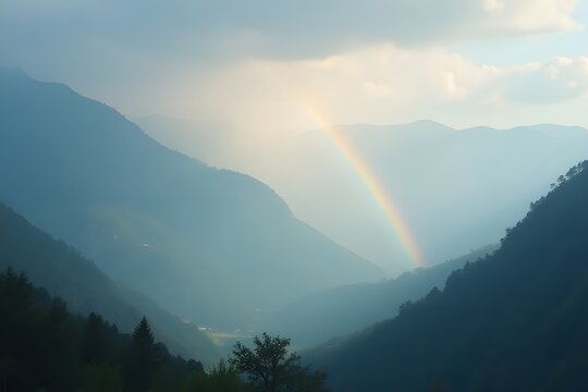 A luminous rainbow arching over a misty mountain range. 