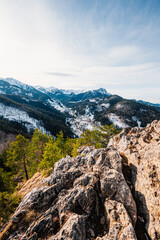 Obraz premium Winter snow Hiking near city of Zakopane wit view of poland Tatras mountains from Nosal peak, Poland