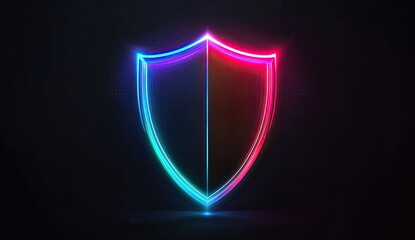 Neon shield graphic glows dark background