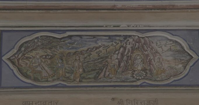 Frescoes Decoration On Wall Of Hanuman Temple In Jaipur, India. Ungraded C LOG 2 Monkey-like Deity, Son Of Wind God Vayu. Hanuman Also Known As Maruti, Bajrangabali, And Anjaneya, Is Deity In Hinduism