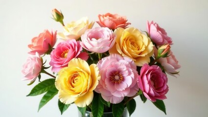 Naklejka premium A Delicate Bouquet of Pastel Roses in Full Bloom, Crafted with Exquisite Detail and Vibrant Hues, Displaying a Stunning Array of Soft Pink, Peach, and Yellow Shades