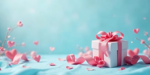 A Delicate Gift Box with Pink Ribbon and Hearts, a Serene Festive Presentation