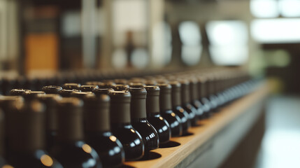 A row of wine bottles, close-up, showcasing elegance and craftsmanship in a timeless display.