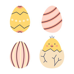 Set of 4 Easter Eggs. Happy Easter hand drawn card. Flat illustration with partial outline. Isolated vector illustration.