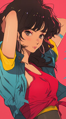 Fototapeta premium ビビッドな80年代アニメ風ポートレート、レトロな女性キャラクターが映えるシティポップアート。スマートフォン9:16のアスペクト比 