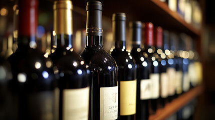 A row of wine bottles, close-up, showcasing elegance and craftsmanship in a timeless display.
