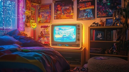 Retro Bedroom with Vintage TV and Posters