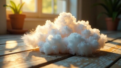 A fluffy white cloud formation rests on a weathered wooden surface, bathed in the warm glow of a sunlit windowsill.