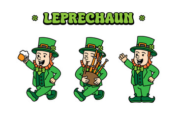 Leprechaun, St. Patrick retro vintage mascot character clip art. St. Patrick Day Retro vintage mascot character with gloved hand and foot. Walking, waving, standing, funny, cute.